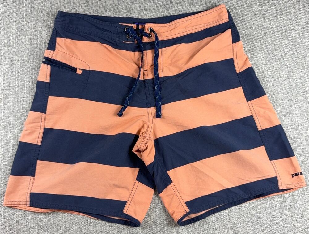 Patagonia Wavefarer Board Shorts Mens 34 Orange Navy Stripe Swim Surf Trunks